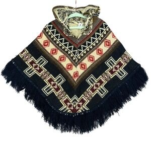Boutique Kids Hooded Poncho Unisex Size 4 Multicolor Tribal Fringe Acrylic